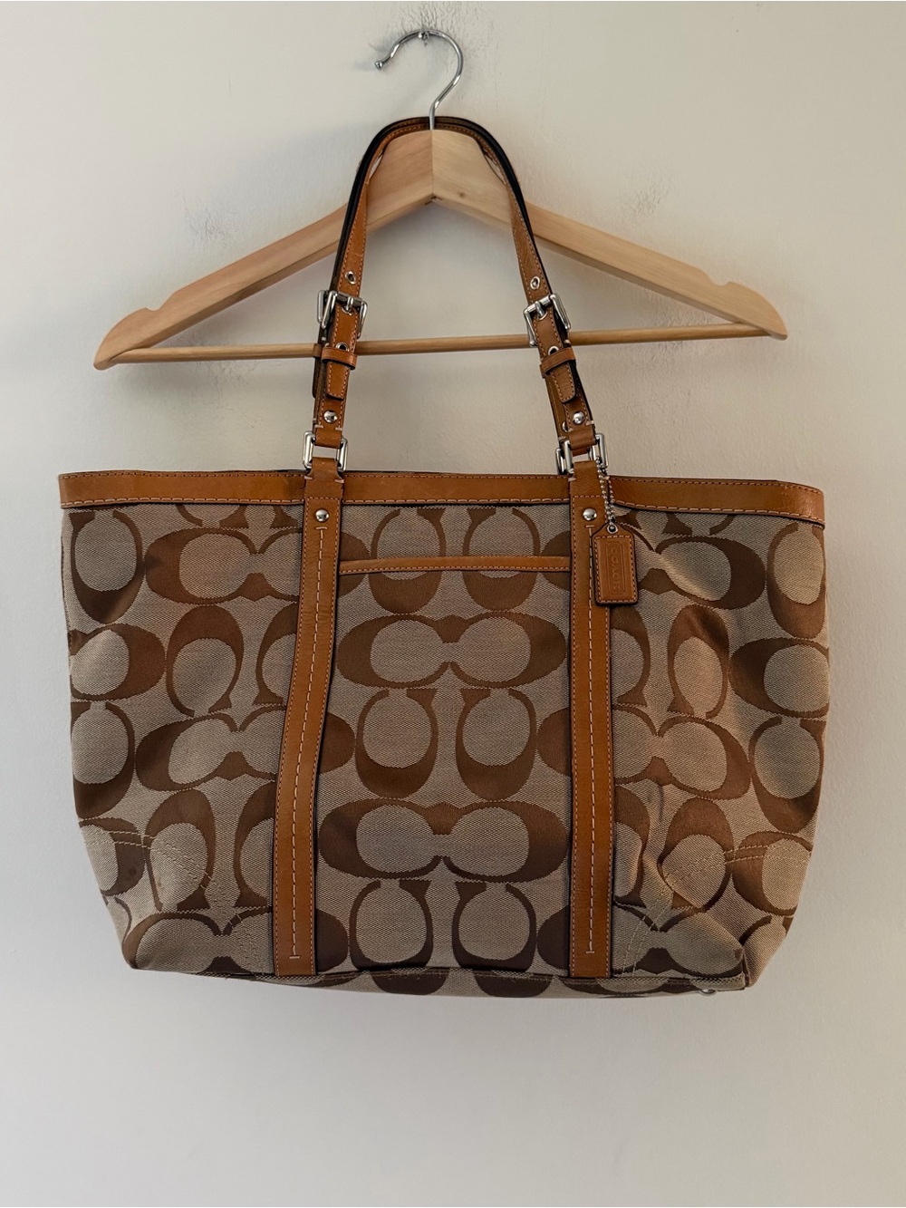 Coach Y2K Bag Tote Purse Signature Jacquard Tote Khaki Brown Leather